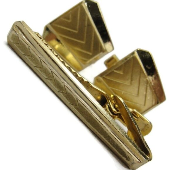 Asymmetrical Cufflinks Tie Clip Set Gold Tone Wedding Tux Vintage - Picture 1 of 16